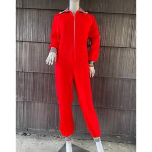 🔥Vintage 70s Sears Jr Bazaar Red Fleece Striped  Retro Jumpsuit Pajamas Sz 13